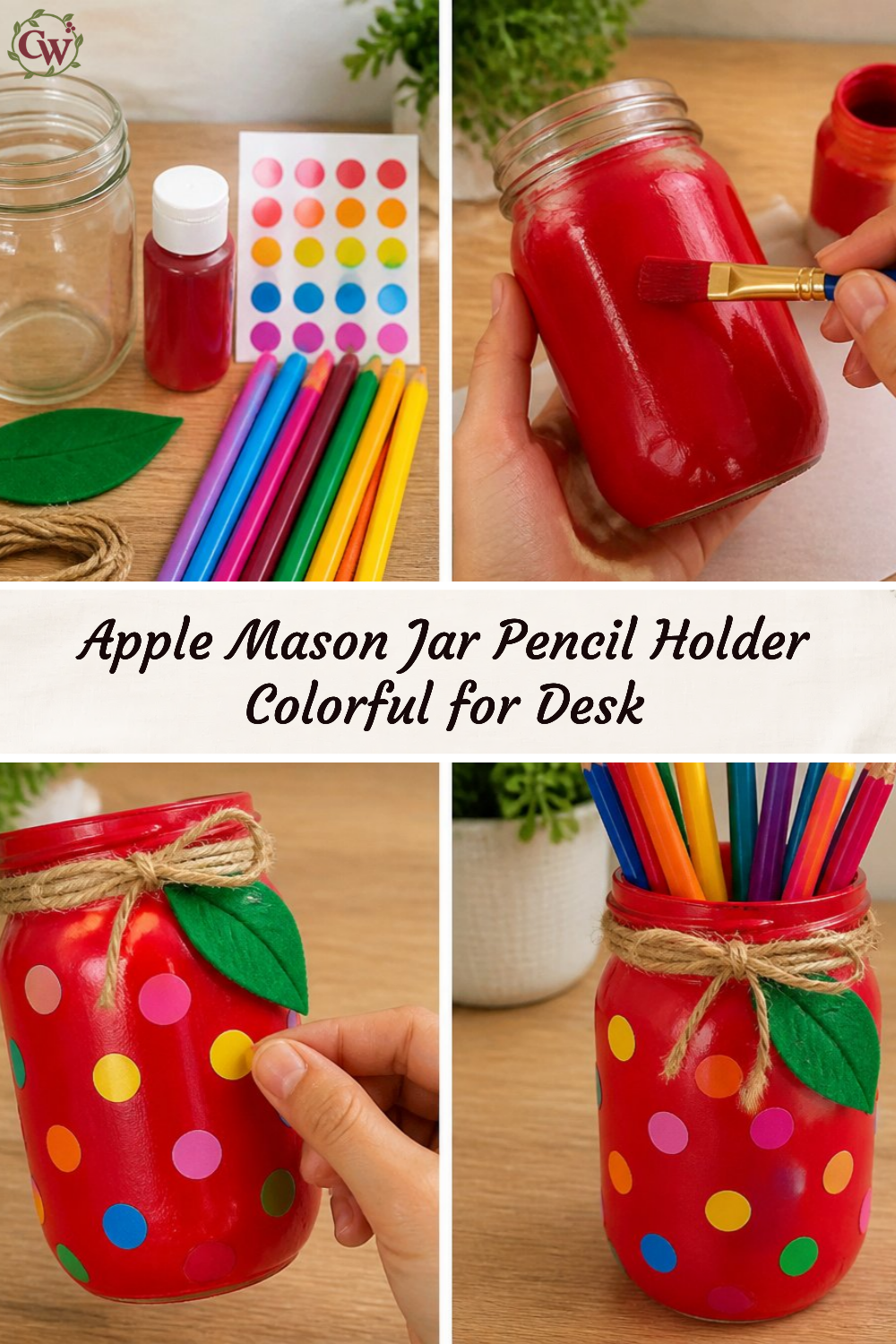 Apple Mason Jar Pencil Holder Colorful for Desk