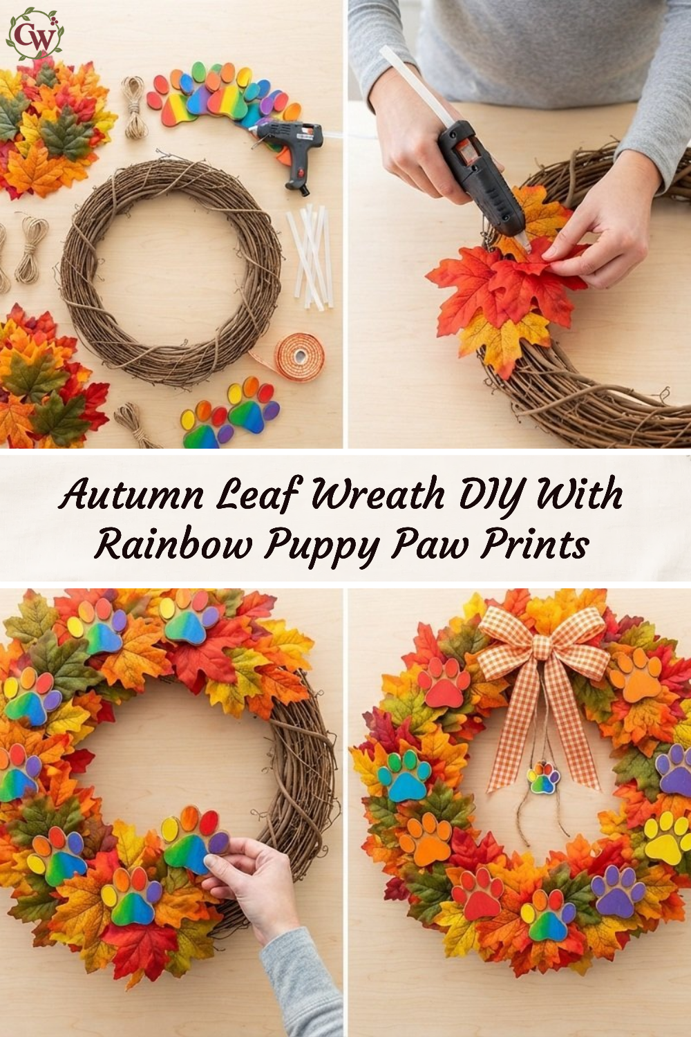 Autumn Leaf Wreath DIY With Rainbow Puppy Paw Prints