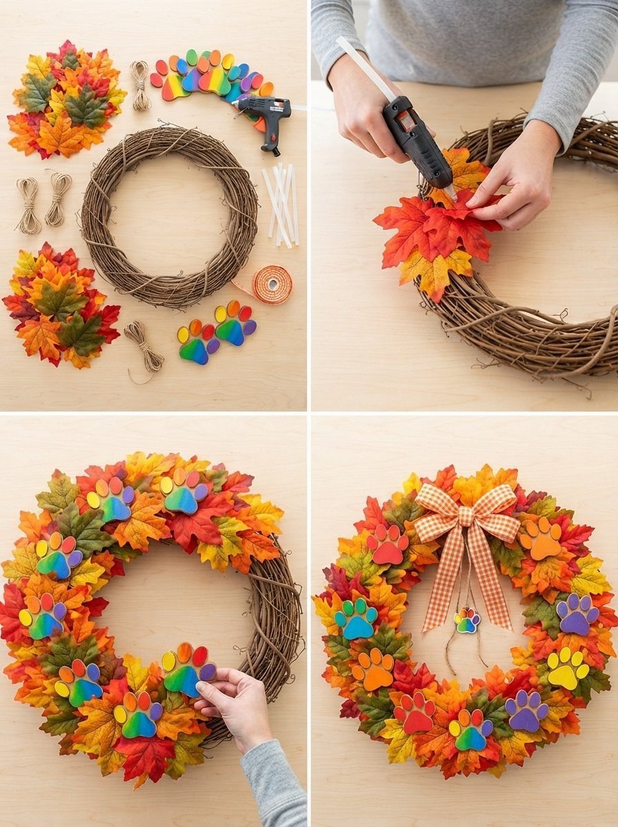 Autumn Leaf Wreath with Rainbow Puppy Paw Prints