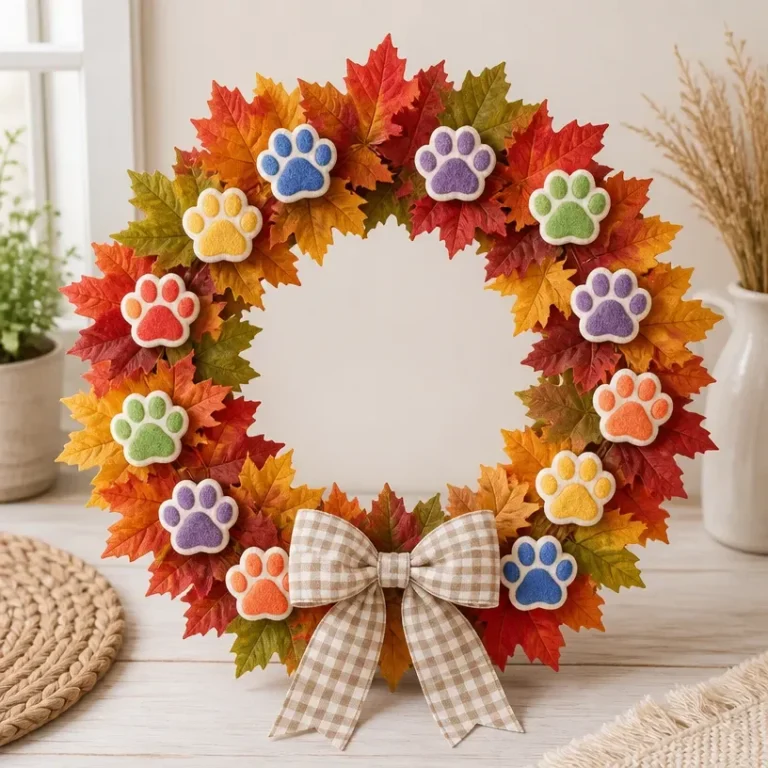 Colorful Autumn Leaf Wreath DIY featuring rainbow puppy paw prints.