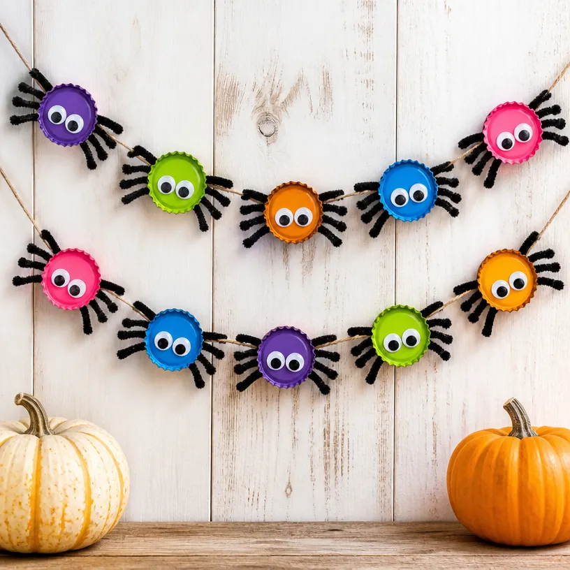 Vibrant Halloween Bottle-Cap Spider Garland for DIY Decor