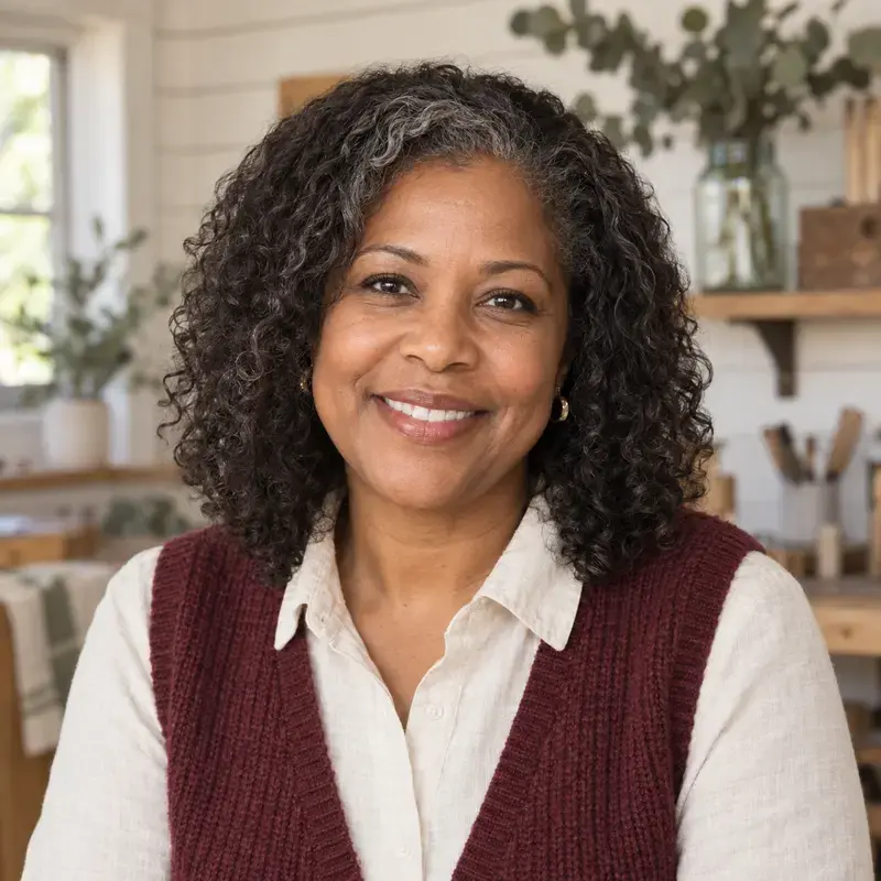 Carolyn Hayes smiling in a burgundy vest, standing in a bright craft room with greenery and jars of supplies behind her.