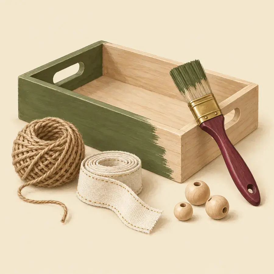 A wooden crate painted olive green with a paintbrush, a ball of twine and cream ribbon.