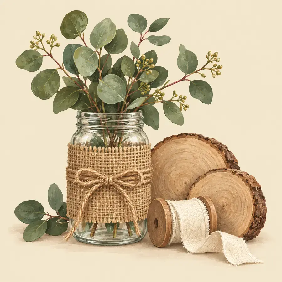 A burlap-wrapped mason jar of eucalyptus beside stacked wood slices and a spool of cream ribbon.