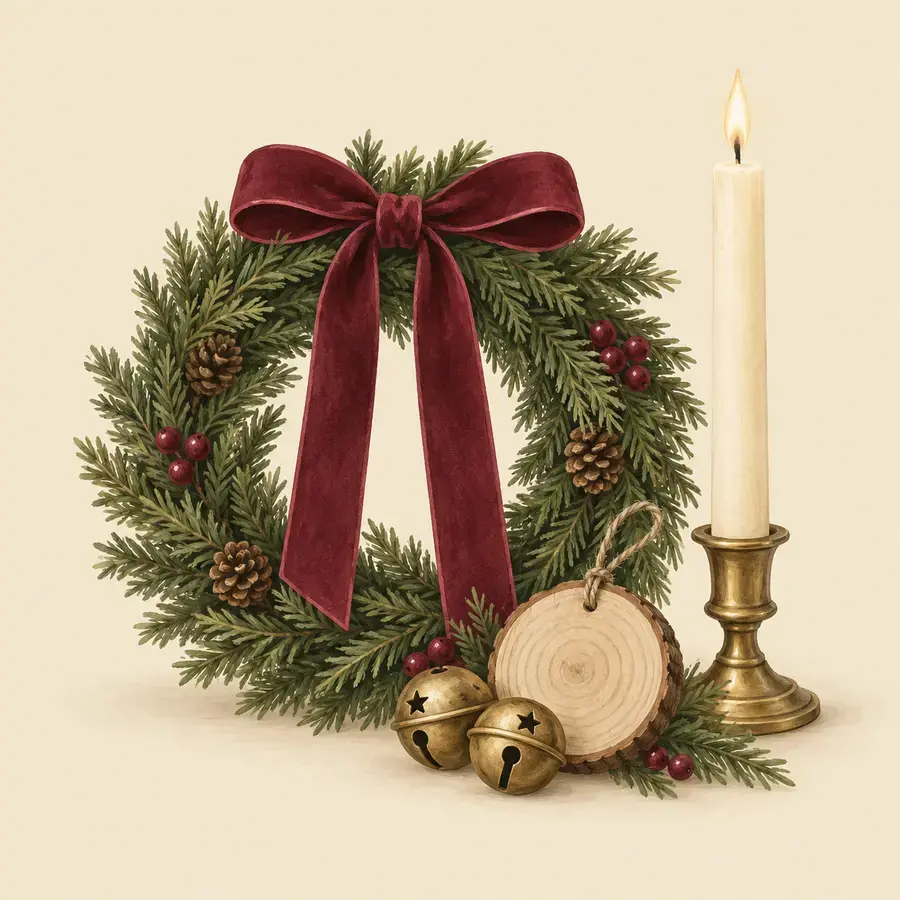 An evergreen wreath with a burgundy velvet bow, brass jingle bells and a lit taper candle.