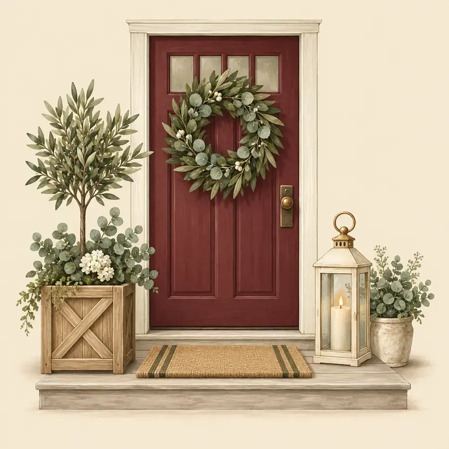 A burgundy front door with a eucalyptus wreath, flanked by a potted topiary and a lantern.