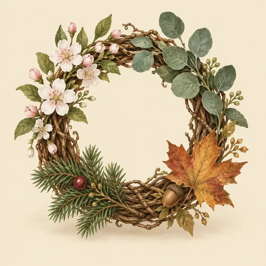 A grapevine wreath ringed with spring blossoms, eucalyptus, an autumn maple leaf, pine sprigs and an acorn.