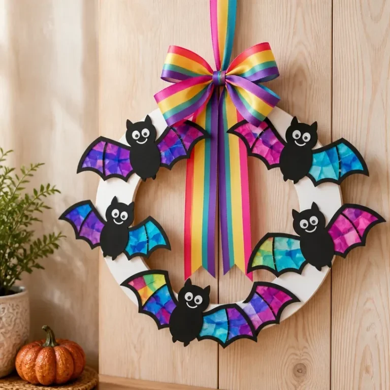Clear Blue Rainbow Bat Suncatcher Wreath hanging in sunlight