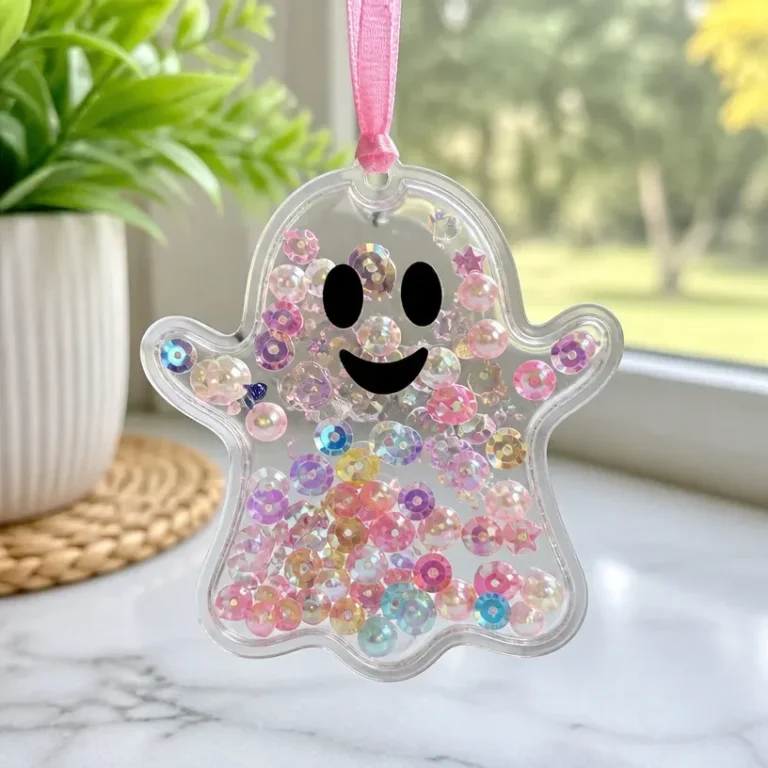 Colorful rainbow ghost suncatcher craft for kids to hang and enjoy sunlight.