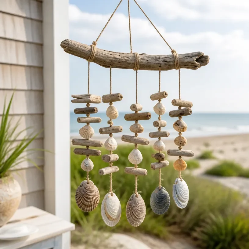 Handcrafted coastal driftwood wind bell for outdoor decor