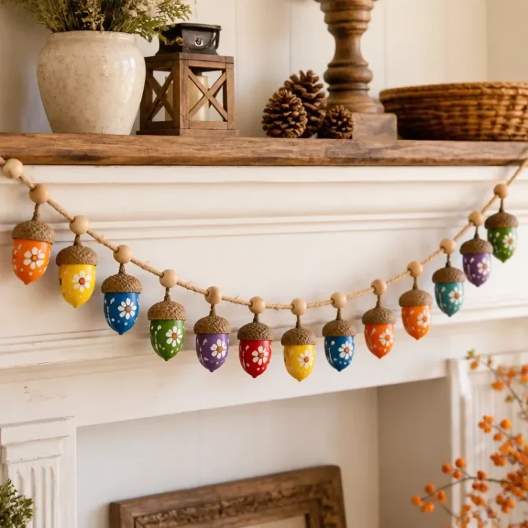 Colorful acorn folk art garland for vibrant home decor