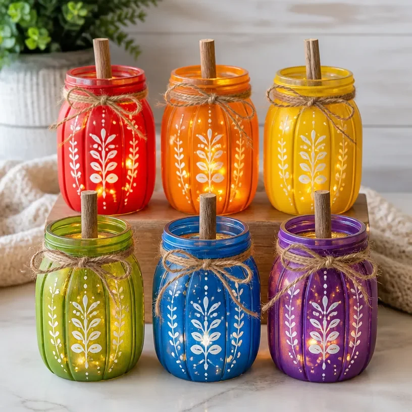 Colorful folk art pumpkin mason jars used for creative DIY home decor