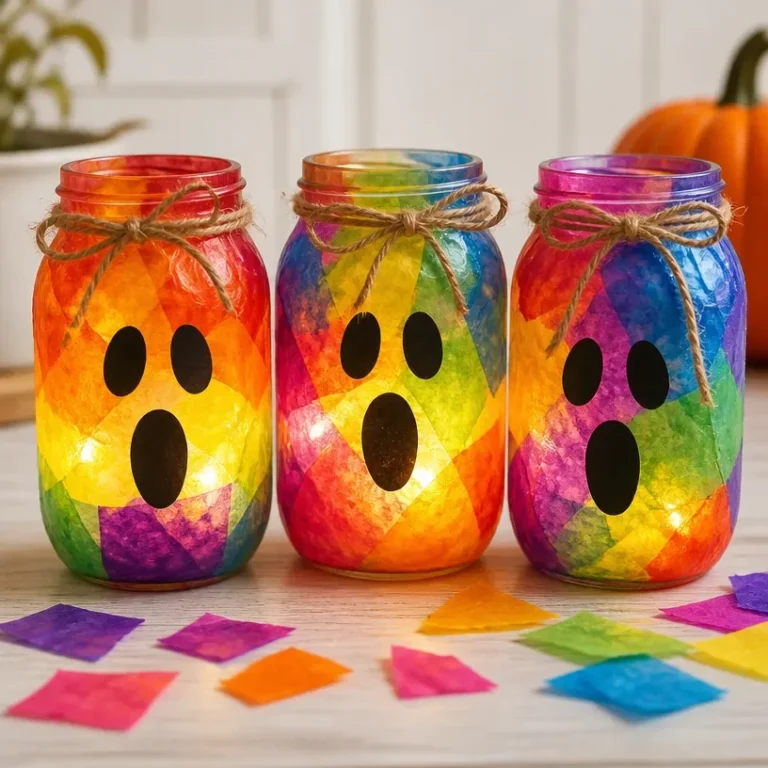Colorful ghost mason jar lanterns for Halloween decor