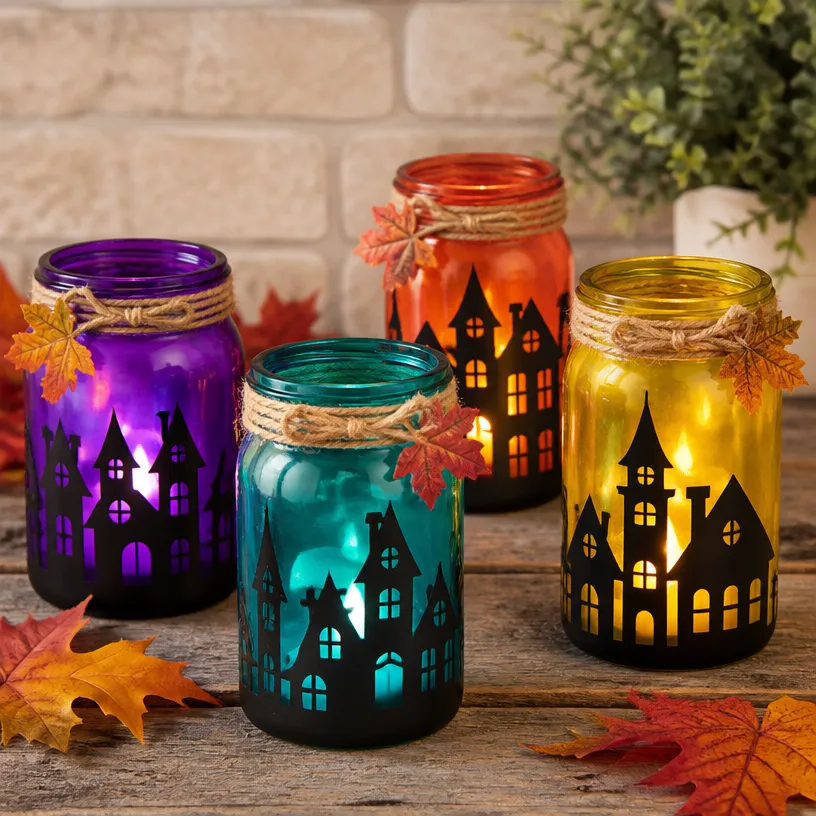 Colorful Haunted Village Mason Jar Lanterns
