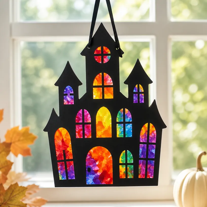 Colorful Rainbow Crayon-Themed Haunted House Suncatcher for Halloween Window Decor