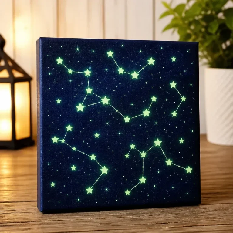 DIY constellation canvas art featuring glow paint for a night sky effect.