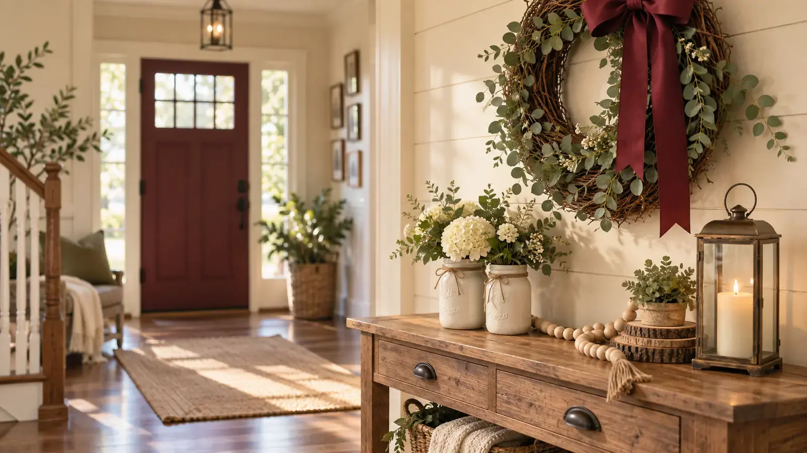 A sunlit farmhouse entryway with a burgundy door, a eucalyptus wreath with a burgundy bow, and a rustic console table set with cream pitchers and a lantern.