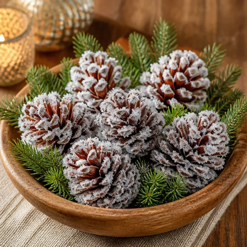 DIY crystal pinecones made from natural pinecones for winter decor