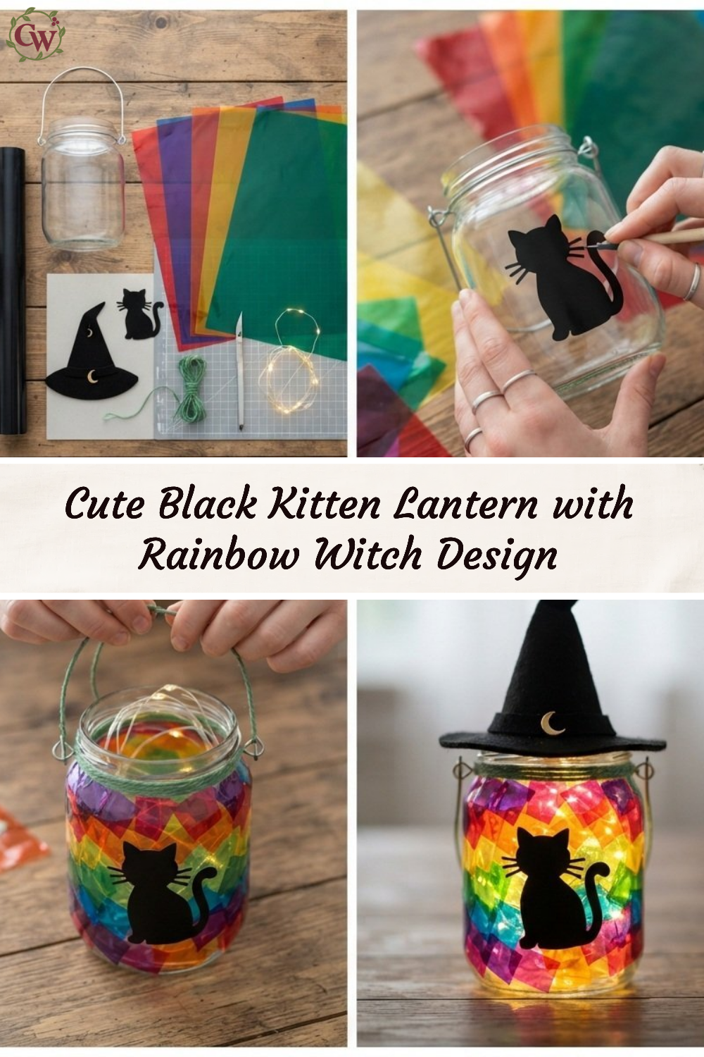 Cute Black Kitten Lantern with Rainbow Witch Design