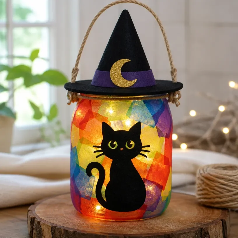 Cute black kitten lantern with rainbow witch design for Halloween