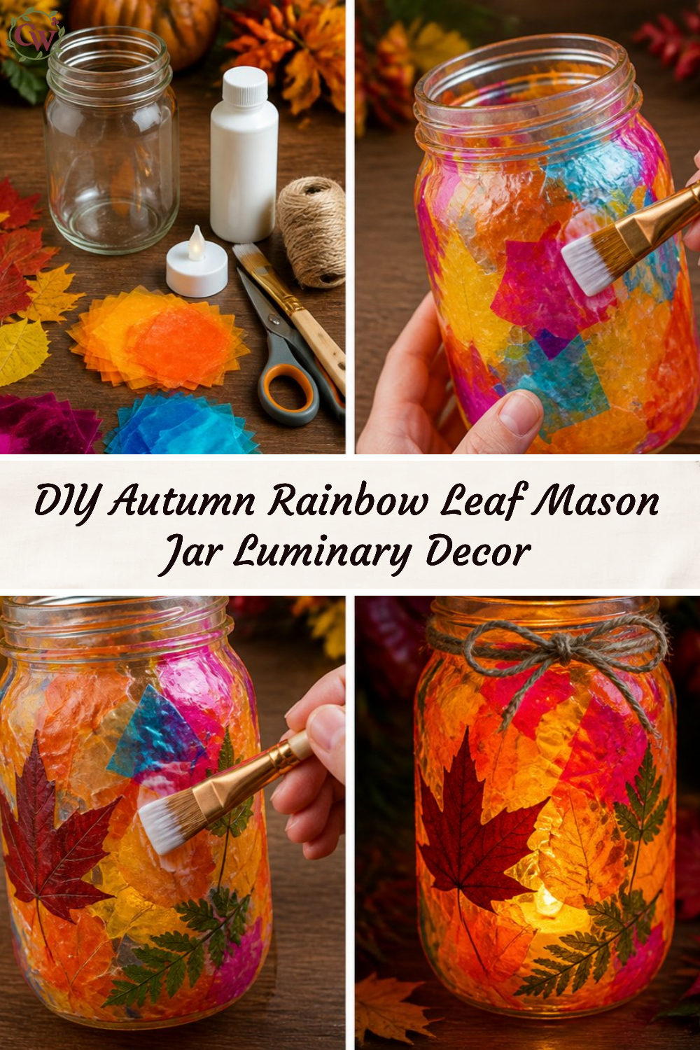 DIY Autumn Rainbow Leaf Mason Jar Luminary Decor