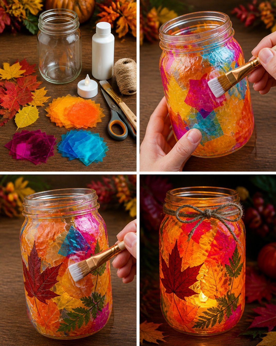 DIY Autumn Rainbow Leaf Mason Jar Luminary Decor