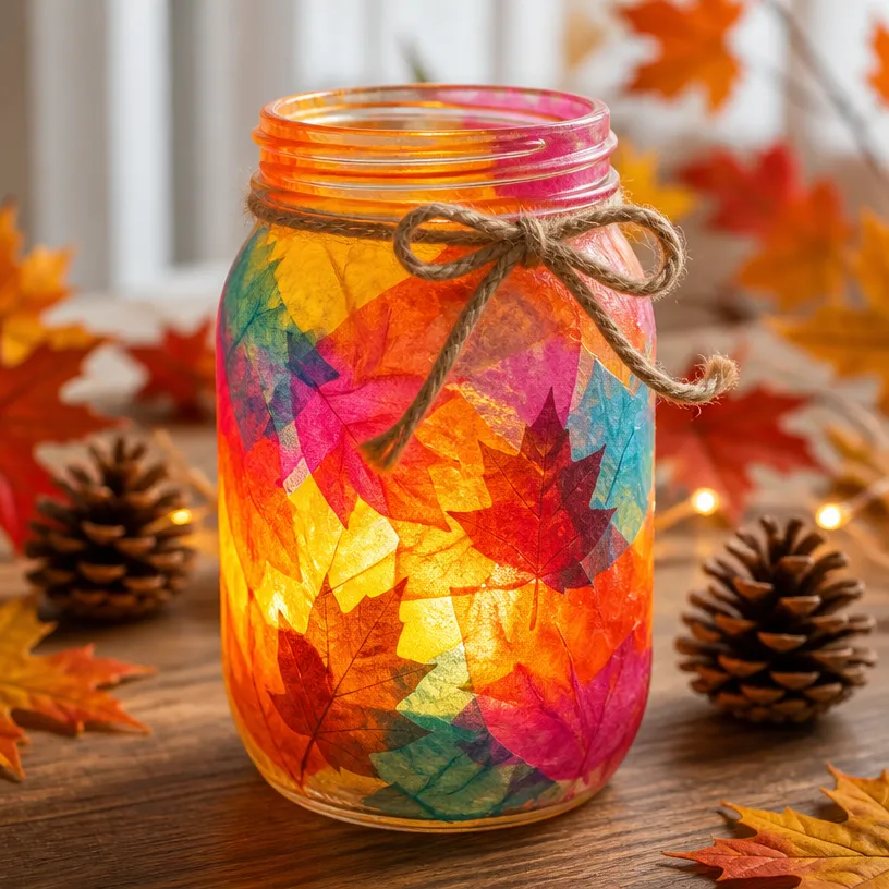 DIY Autumn Rainbow Leaf Mason Jar Luminary Decor