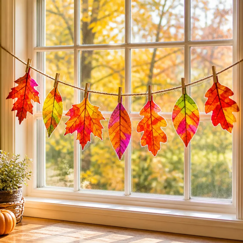 Autumn Rainbow Leaf Suncatcher Garland for Window Decor