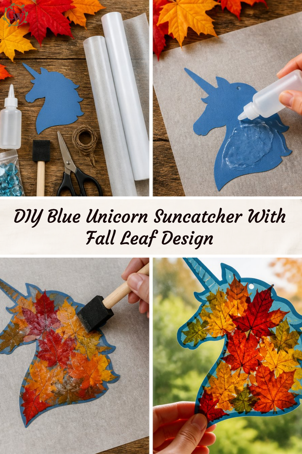 DIY Blue Unicorn Suncatcher With Fall Leaf Design