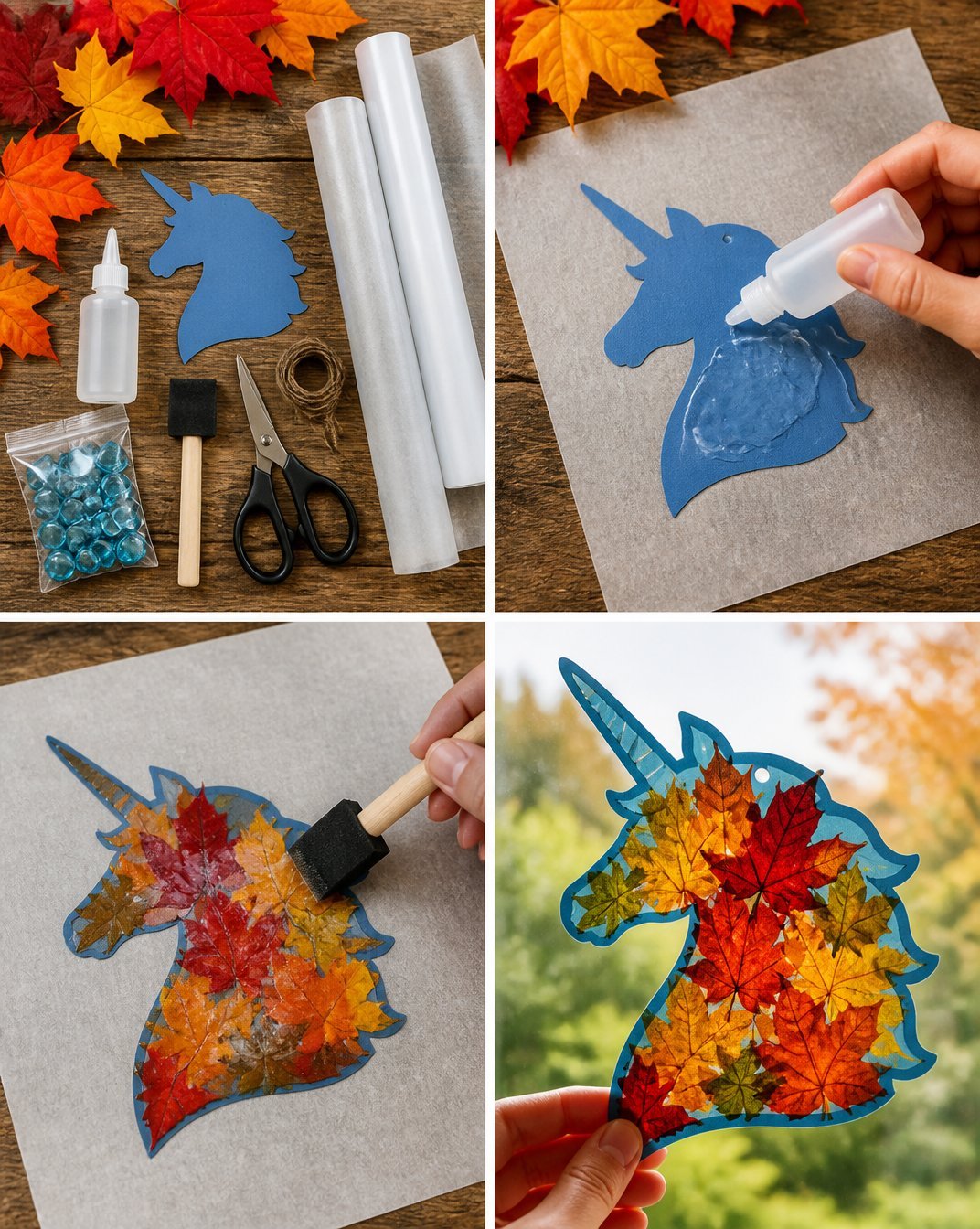 Blue Unicorn Suncatcher with Fall Leaf Design