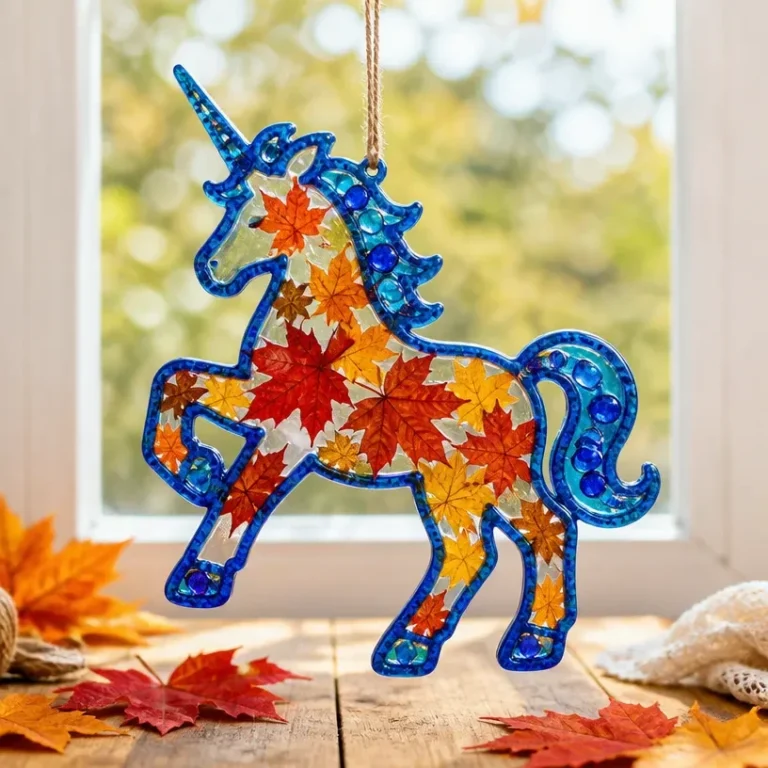 DIY blue unicorn suncatcher featuring a colorful fall leaf design