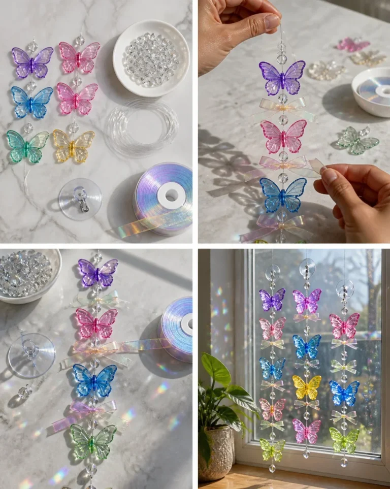 DIY butterfly crystal window decor with sparkling glass cascade design