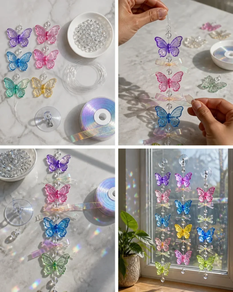 DIY butterfly crystal window decor with sparkling glass cascade design