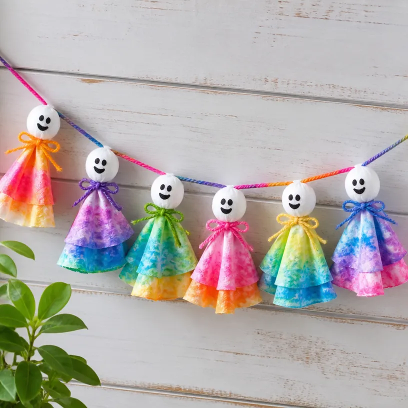 DIY Colorful Ghost Garland from Coffee Filters for Halloween Decor