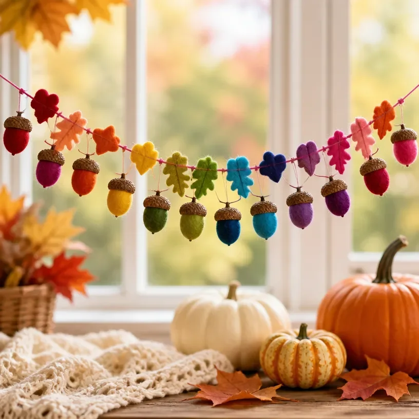 Colorful DIY rainbow acorn garland for autumn home decoration