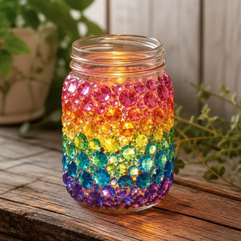 Colorful rainbow crystal mason jar lantern glowing in the dark