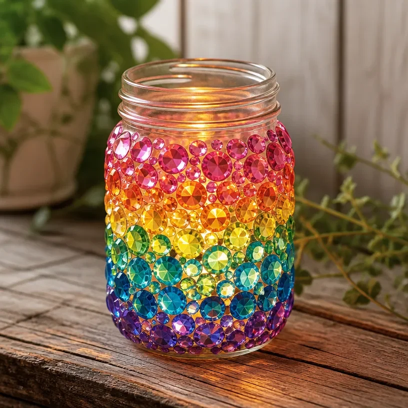 Colorful rainbow crystal mason jar lantern glowing in the dark