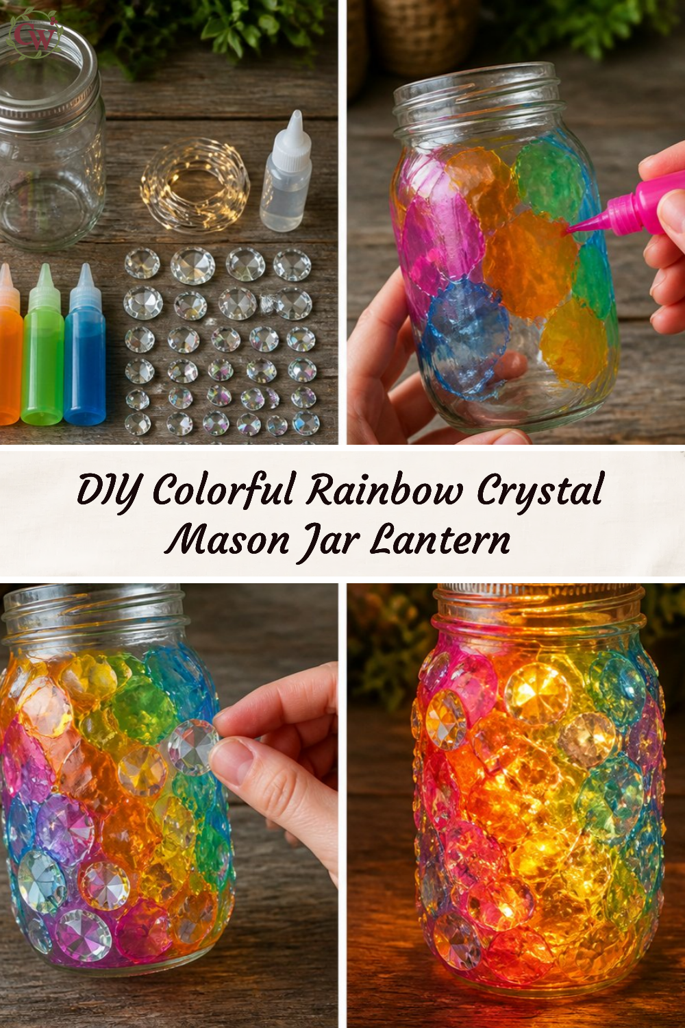 DIY Colorful Rainbow Crystal Mason Jar Lantern