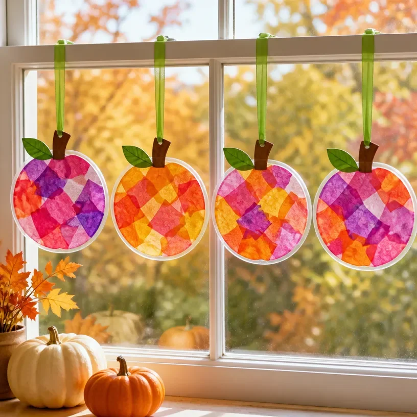 Colorful pumpkin-themed DIY fall suncatchers hanging in a window