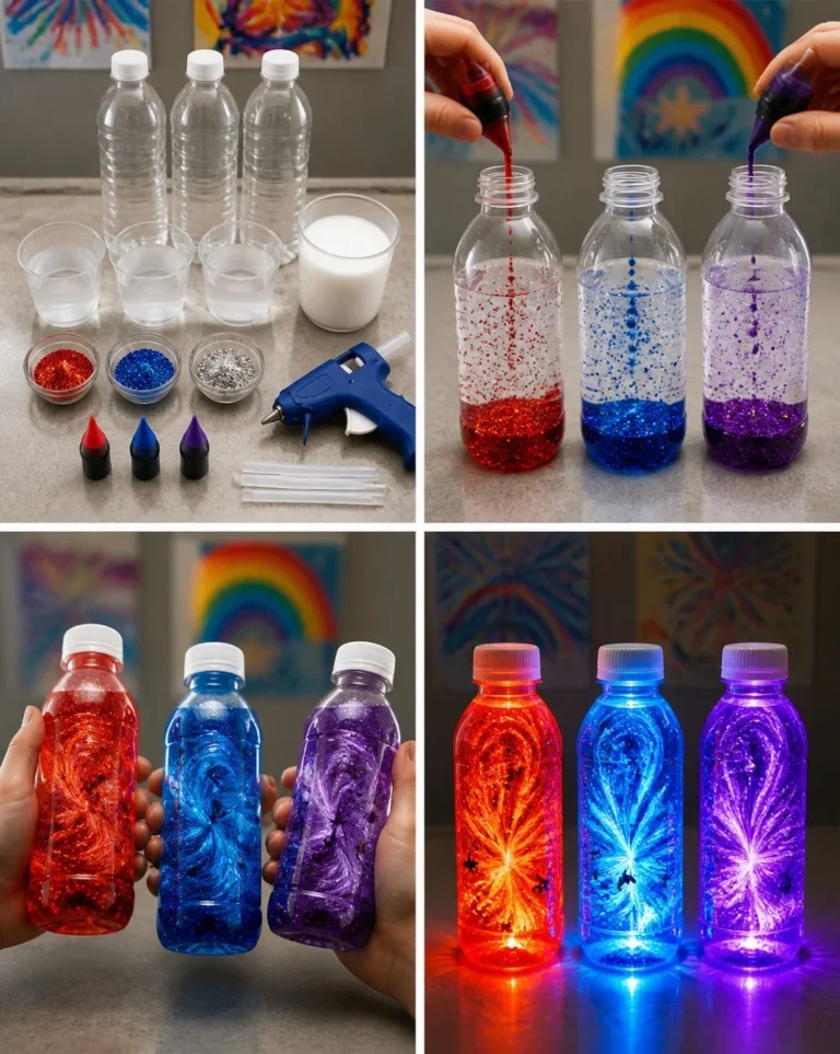 Colorful DIY fireworks sensory bottles designed for children's play and exploration.