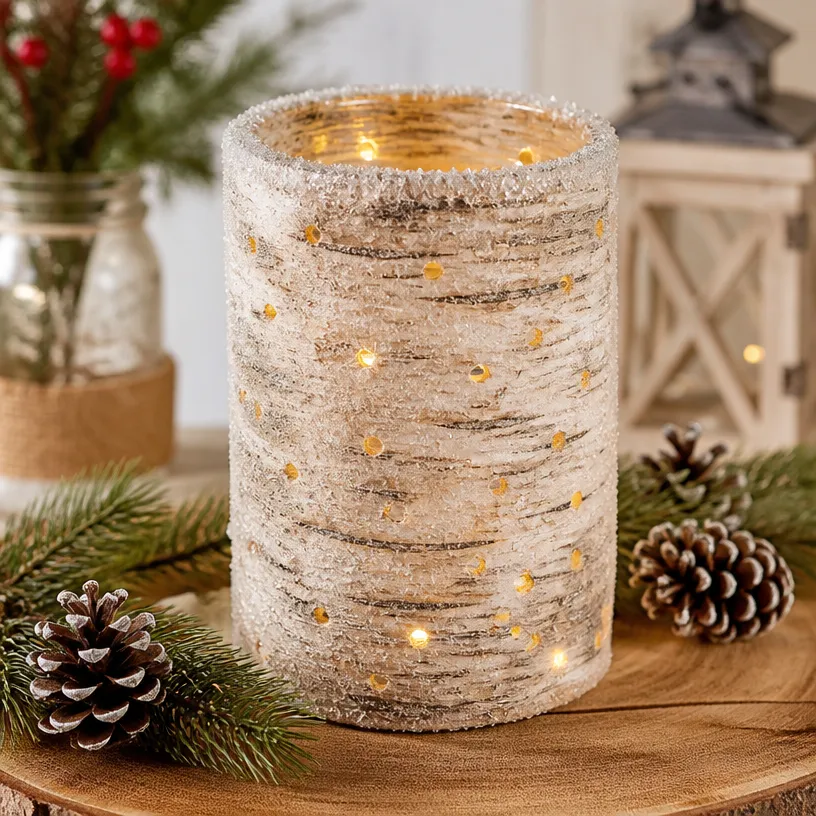 Frosted Birch Lantern: Rustic Log Lighting Decor