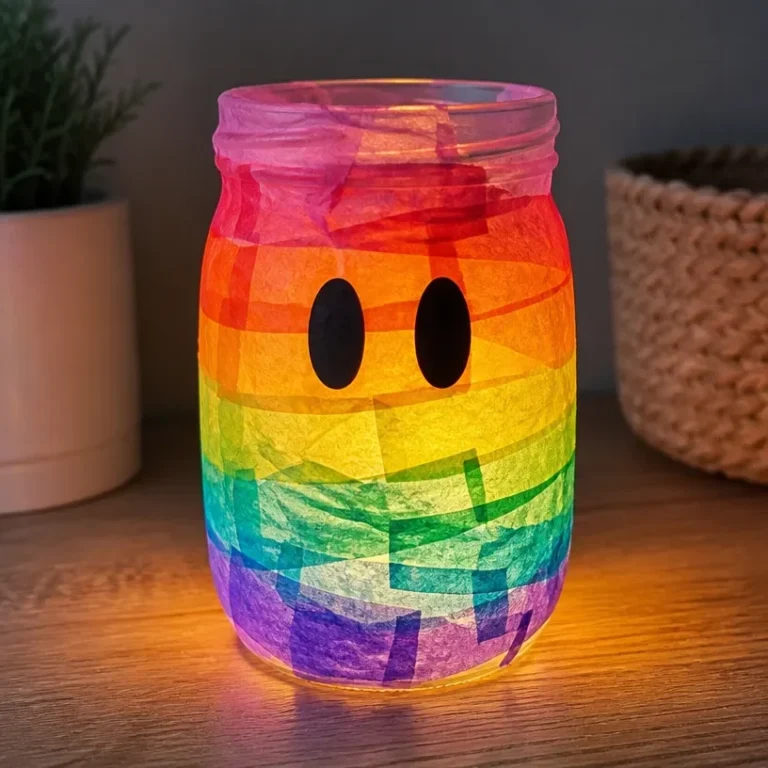 DIY glow-in-the-dark rainbow ghost lantern for Halloween decor.