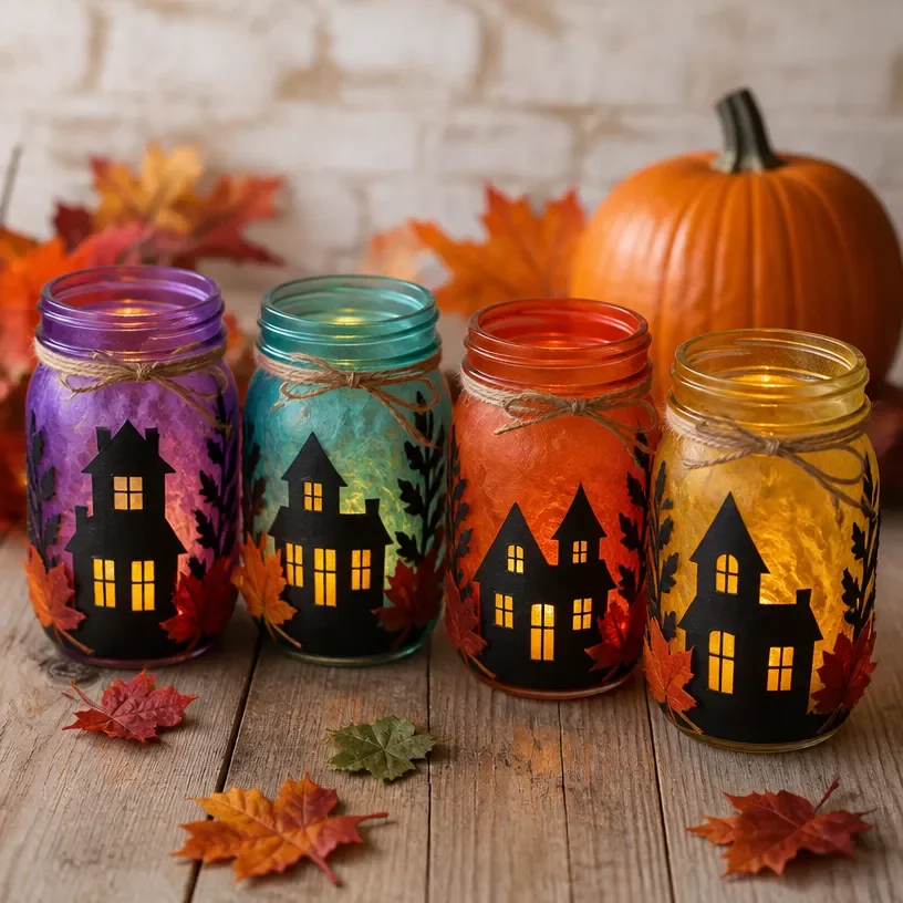 DIY haunted village mason jar lanterns for Halloween decoration