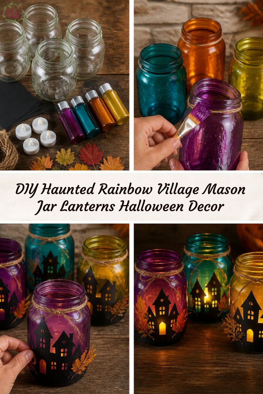 DIY Haunted Rainbow Village Mason Jar Lanterns Halloween Decor