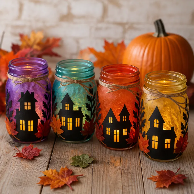 DIY Haunted Rainbow Village Mason Jar Lanterns for Halloween Decor
