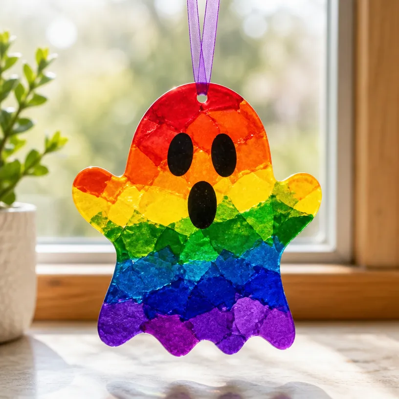 DIY Melted Crayon Rainbow Ghost Suncatcher