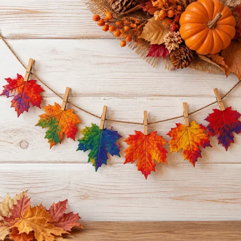 DIY melted crayon rainbow leaf garland for autumn home decoration