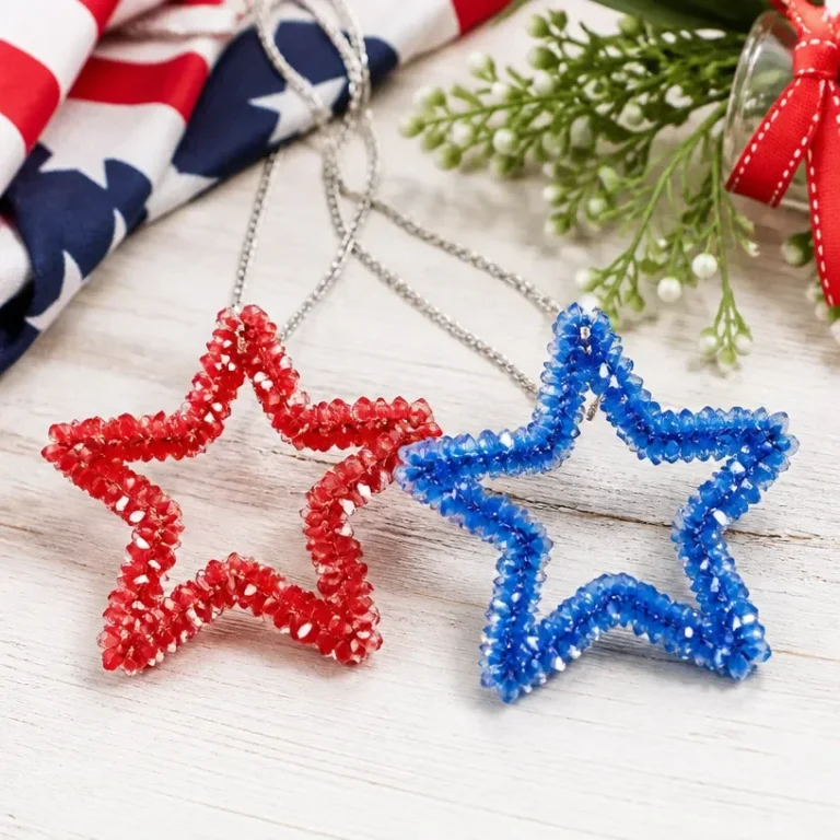 DIY patriotic crystal star ornament for Fourth of July decoration.