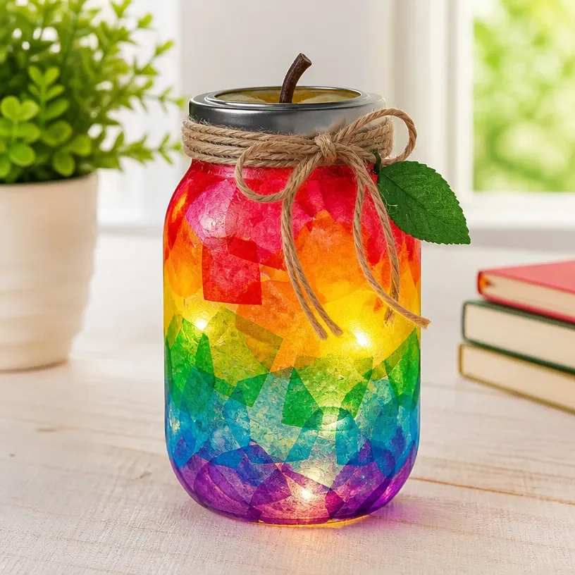 DIY Rainbow Apple Mason Jar Lantern for teachers and classrooms