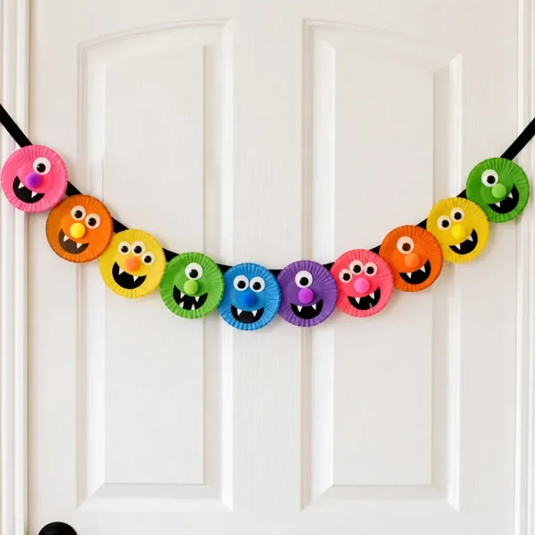 DIY rainbow cupcake liner monster door garland for Halloween decorations